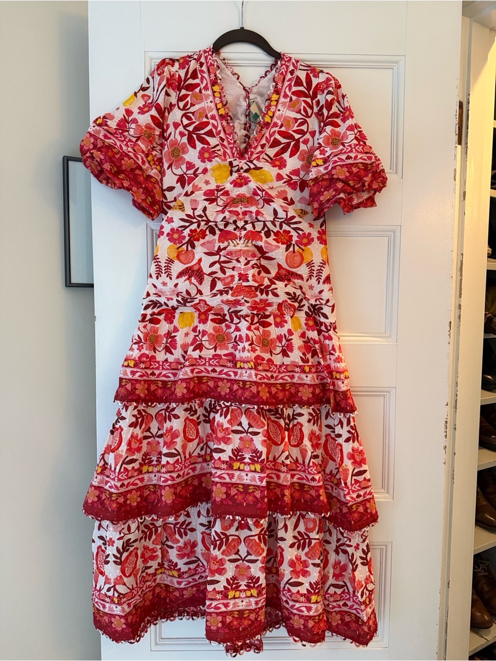 Farm Rio Tiered Midi Dress in Red, Pink & Yellow - size Medium